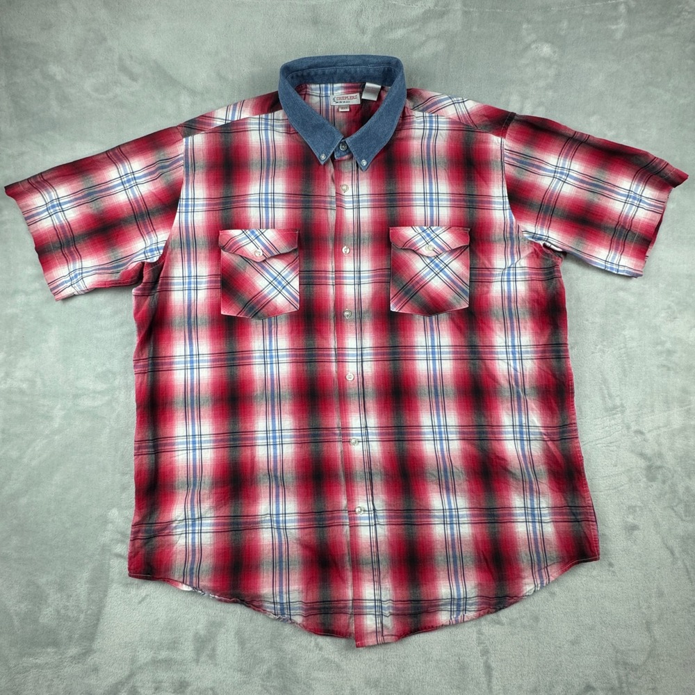 Sheplers Men's Red Plaid Short Sleeve Button Down Shirt Denim Collar Western 2XT